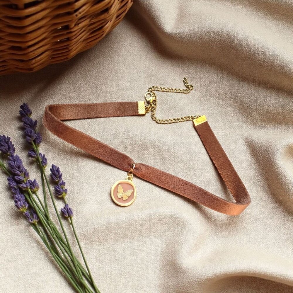 Brown Velvet Choker Necklace with Gold Butterfly Charm Pink Enamel Pendant